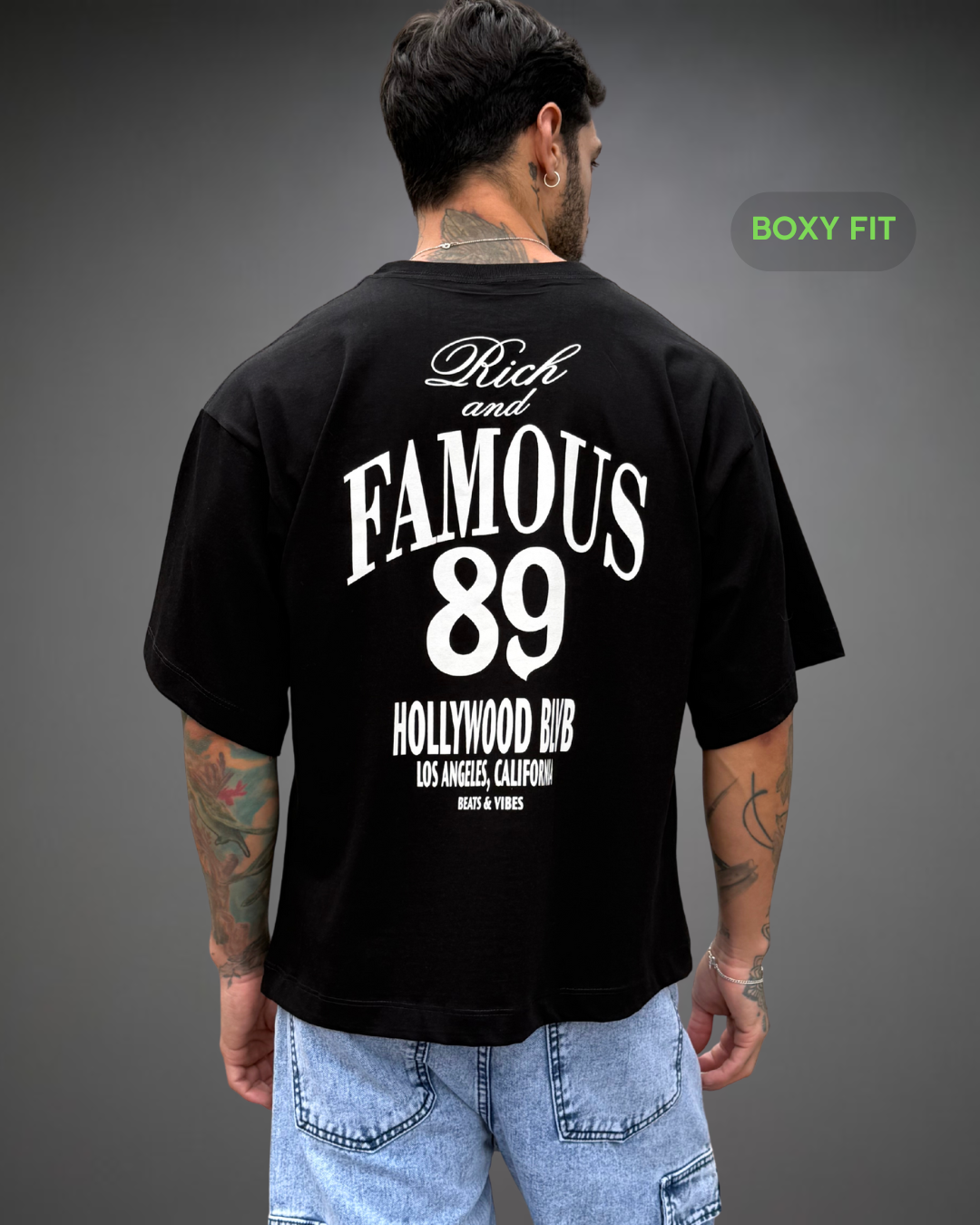 Polo Hombre Boxy Fit Rich & Famous - Negro