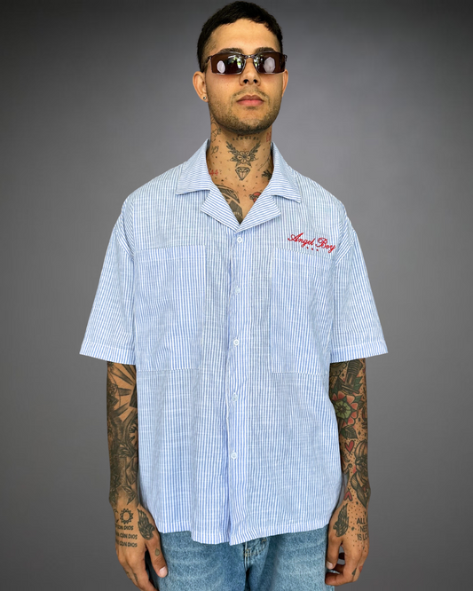 Camisa Hombre Bordado Oversize Angel Boy - Raya Blanco/Celeste