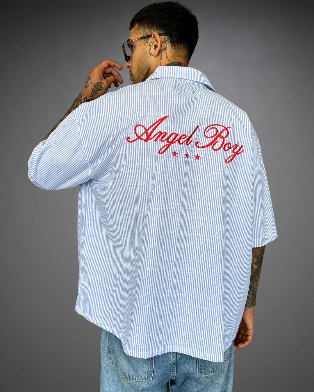 Camisa Hombre Bordado Oversize Angel Boy - Raya Blanco/Celeste