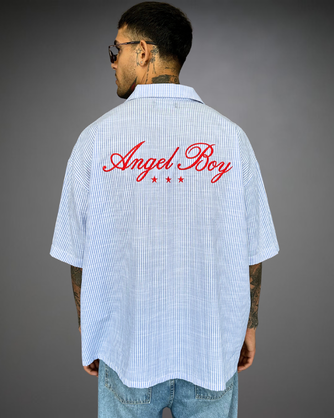 Camisa Hombre Bordado Oversize Angel Boy - Raya Blanco/Celeste