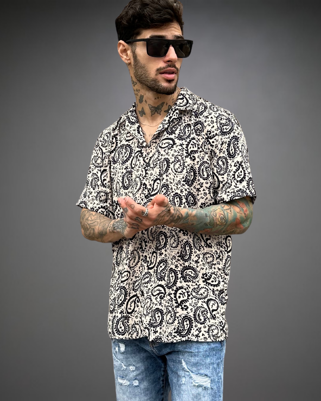 Camisa Relaxed Hombre Bandana - Negro/Beige