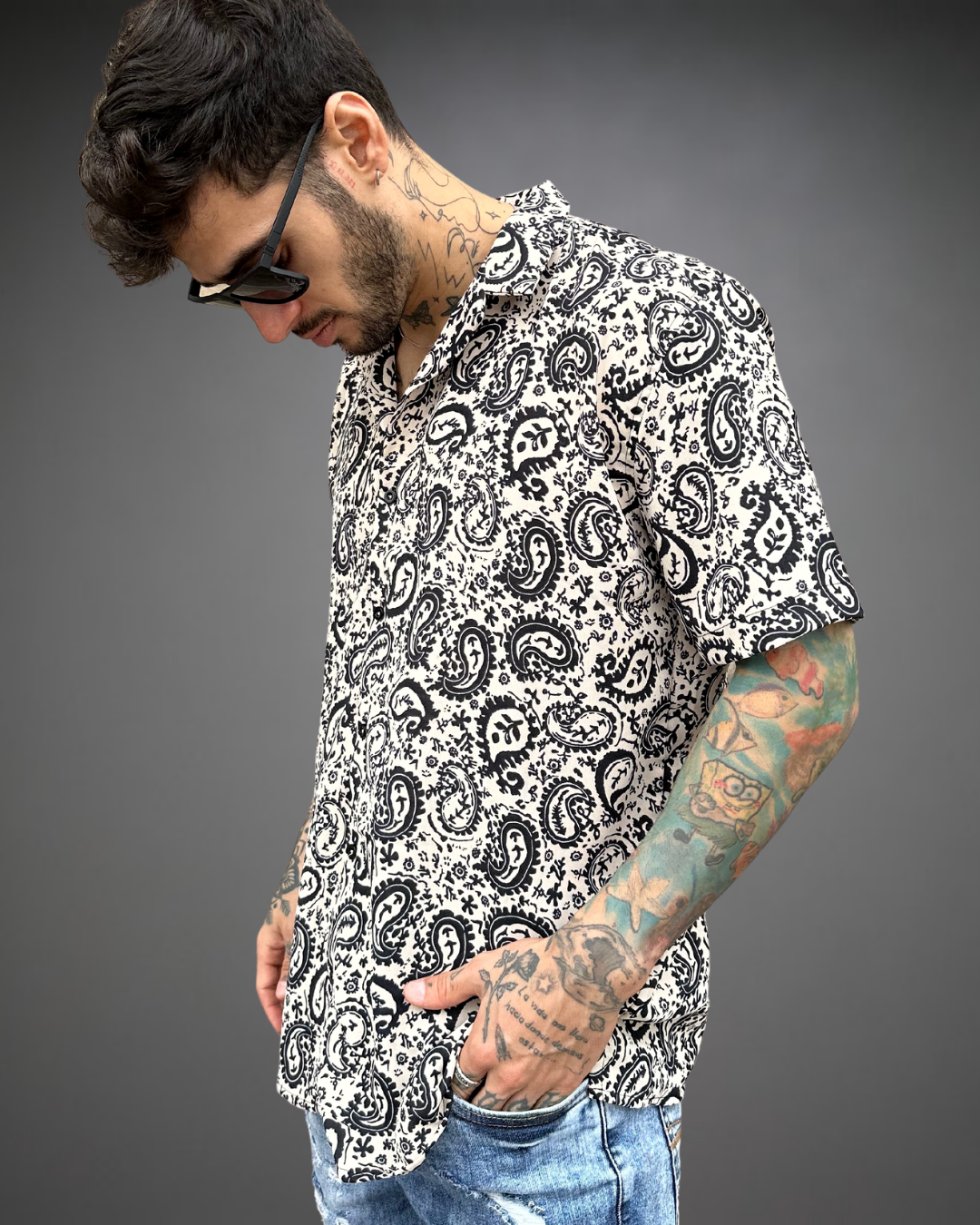 Camisa Relaxed Hombre Bandana - Negro/Beige