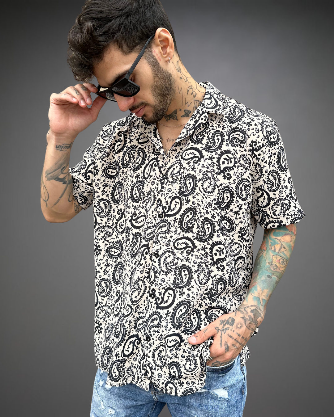 Camisa Relaxed Hombre Bandana - Negro/Beige