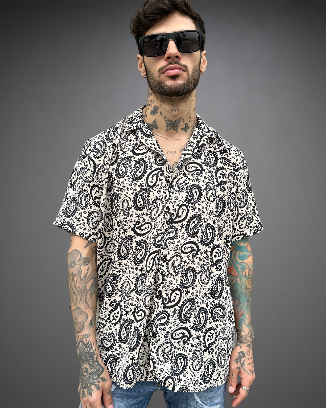 Camisa Relaxed Hombre Bandana - Negro/Beige