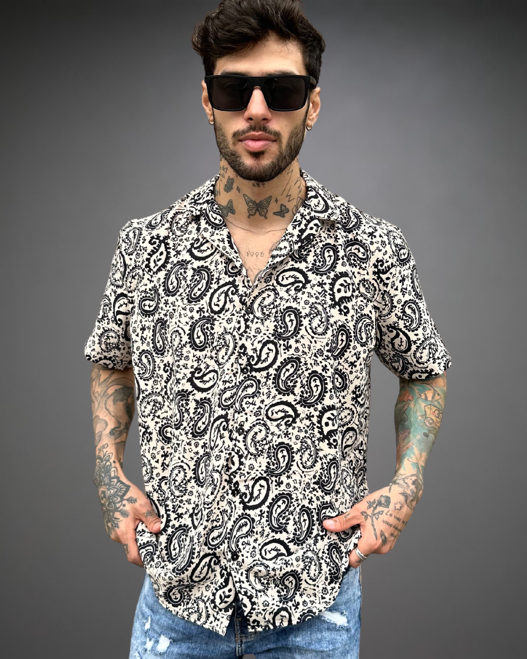 Camisa Relaxed Hombre Bandana - Negro/Beige