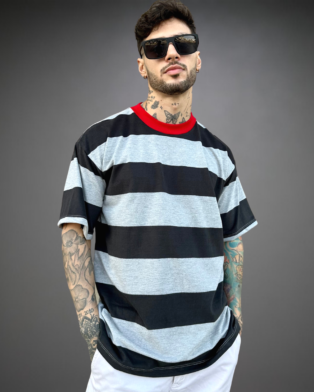 Polo Hombre Oversize StripedOut - Negro