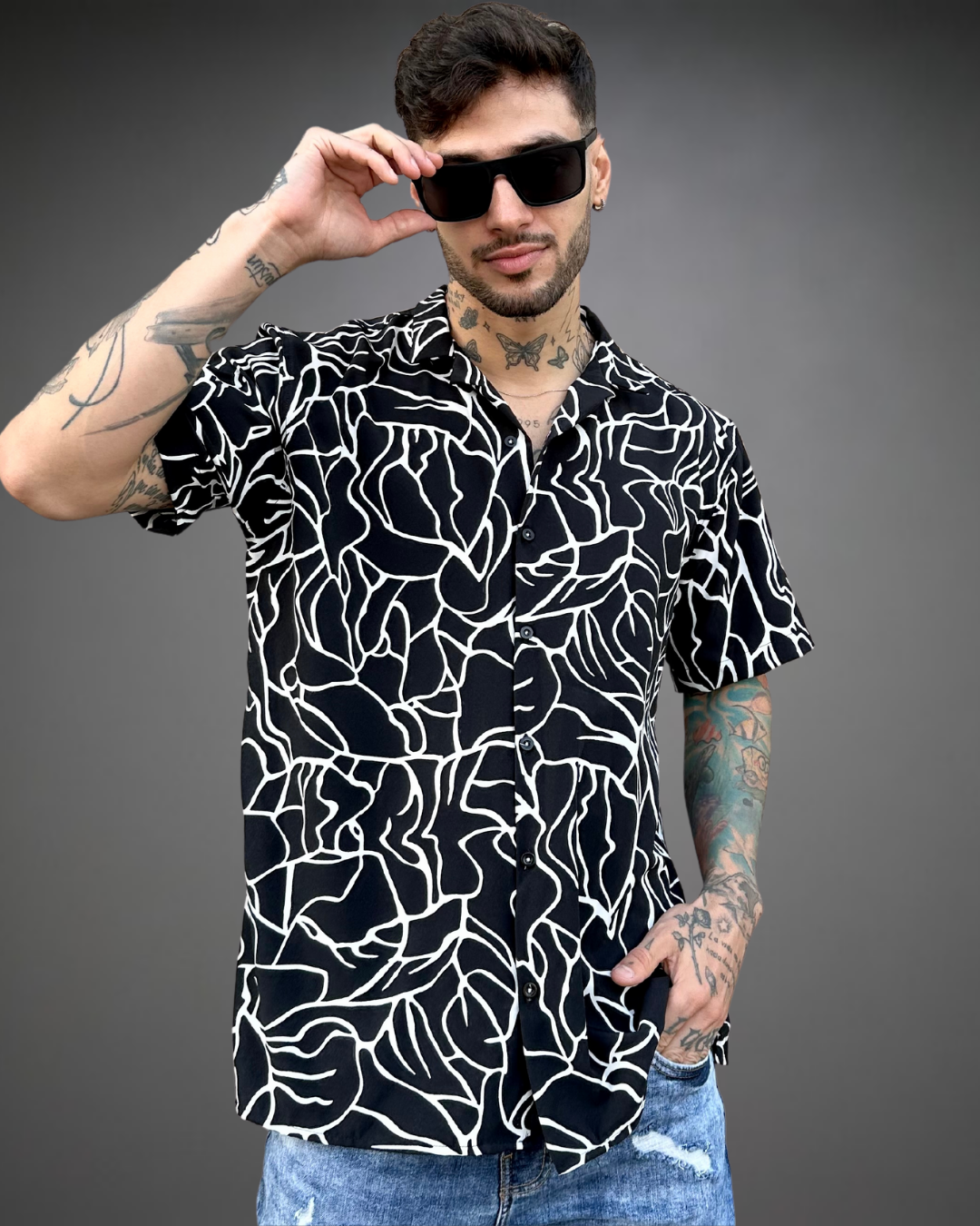 Camisa Hombre Relaxed Black Print - Negro