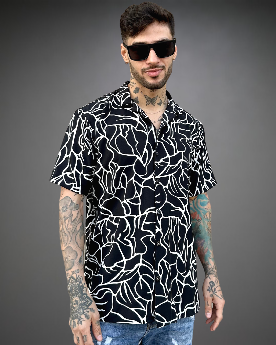 Camisa Hombre Relaxed Black Print - Negro