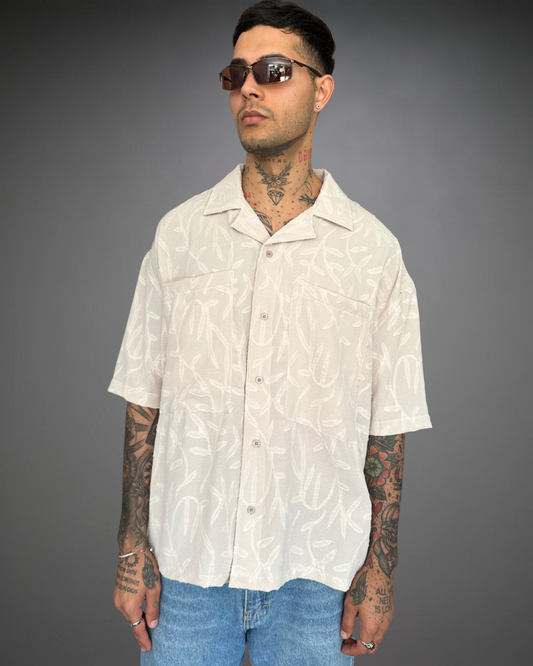 Camisa Hombre Oversize Textura Flores - Arena