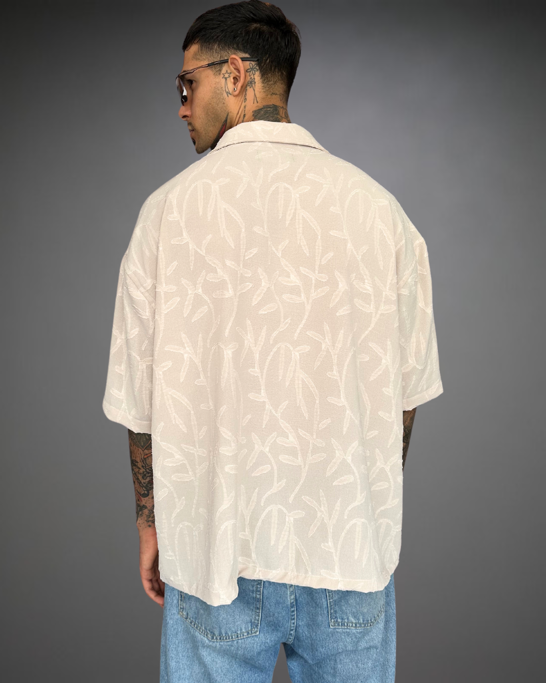 Camisa Hombre Oversize Textura Flores - Arena