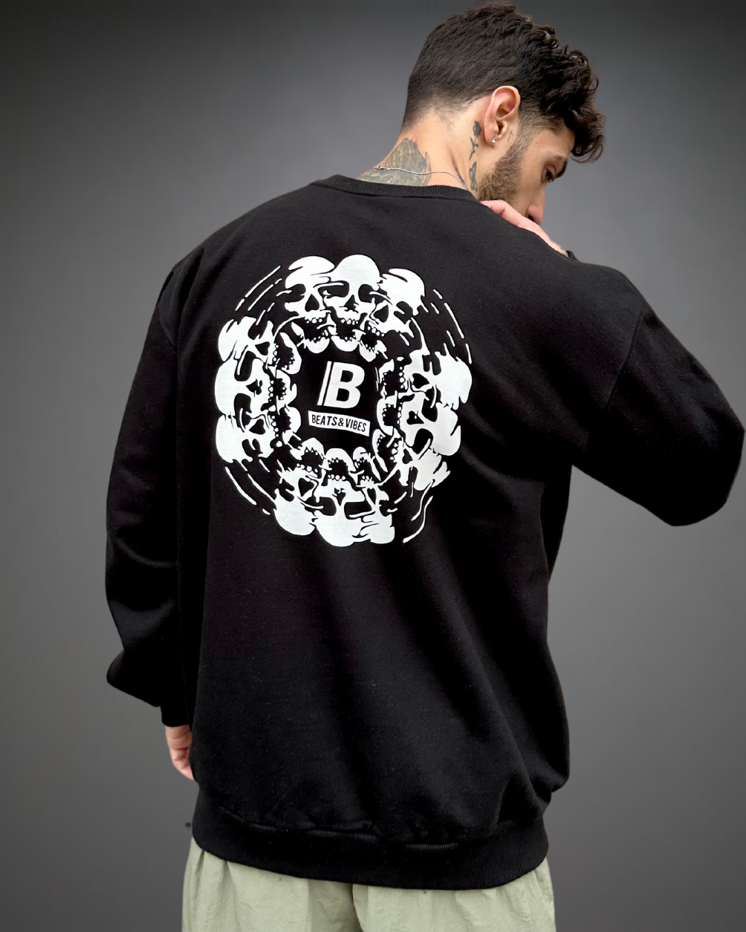 Polera Hombre Oversize Skull Beats Logo - Negro
