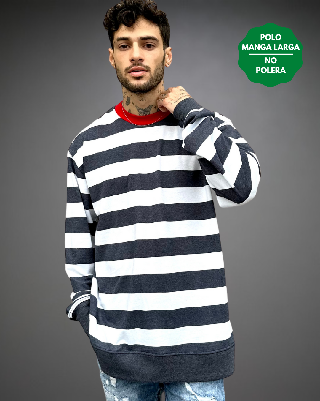 Polo Manga Larga Hombre Striped White - Blanco / Azul