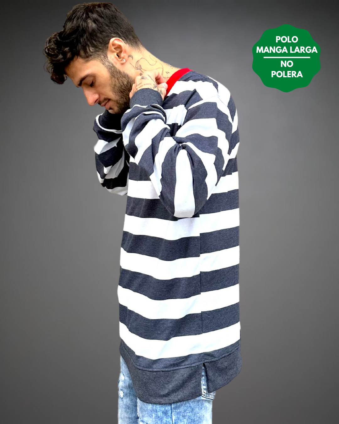 Polo Manga Larga Hombre Striped White - Blanco / Azul