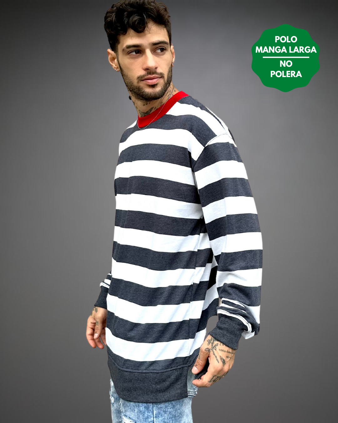 Polo Manga Larga Hombre Striped White - Blanco / Azul