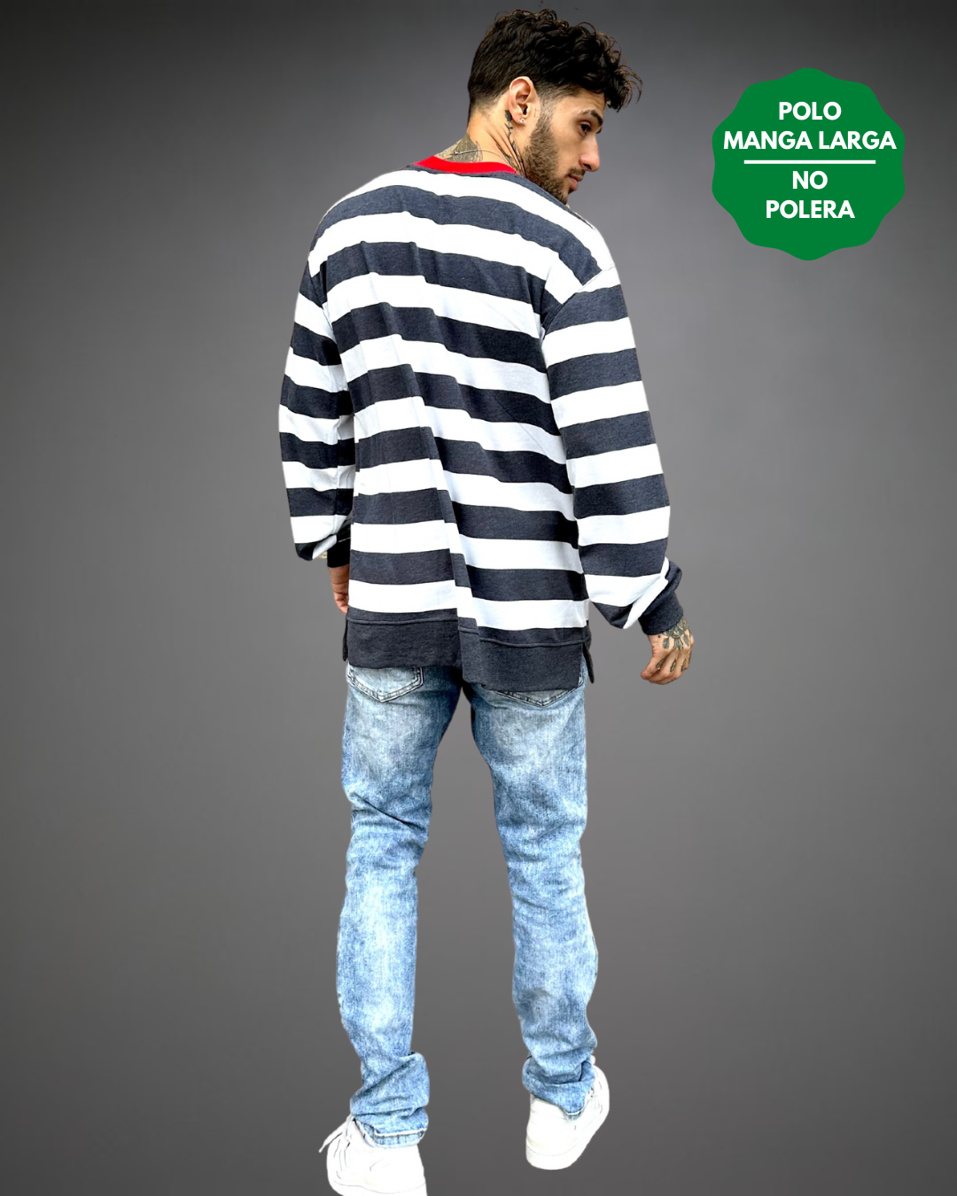 Polo Manga Larga Hombre Striped White - Blanco / Azul