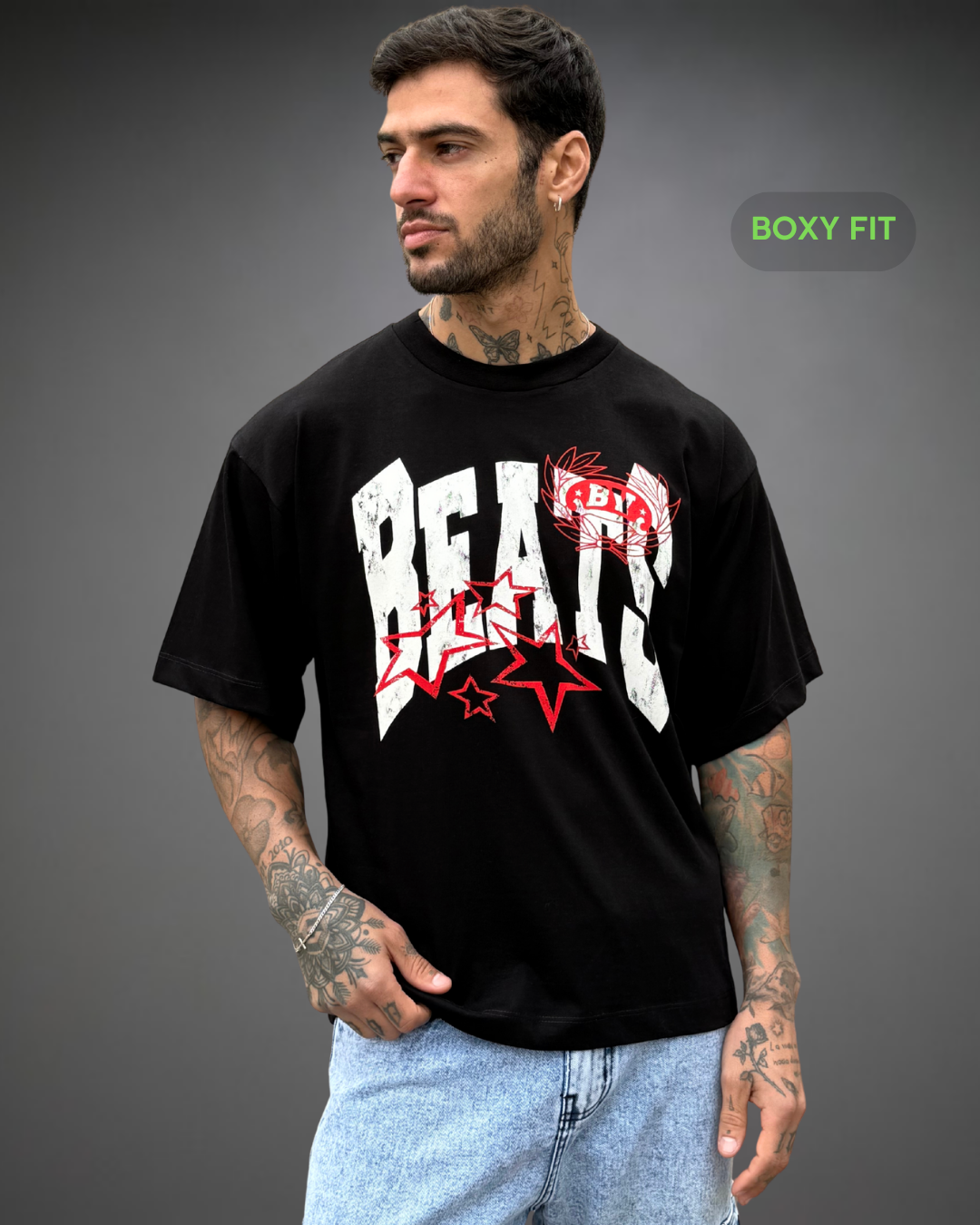 Polo Hombre Boxy Fit Survival Star - Negro