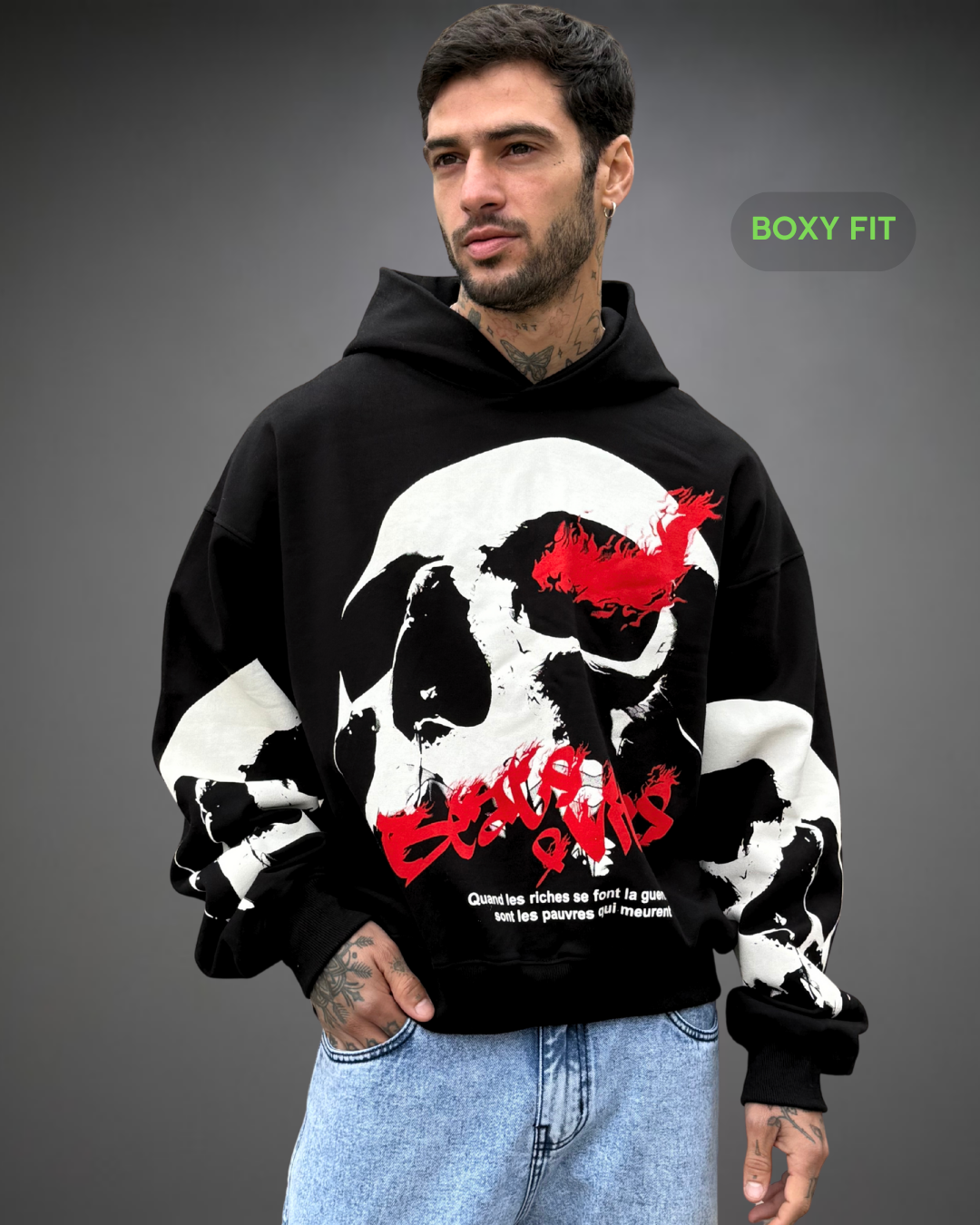 Hoodie Crop Boxy Over Skull Beats - Negro 2.0