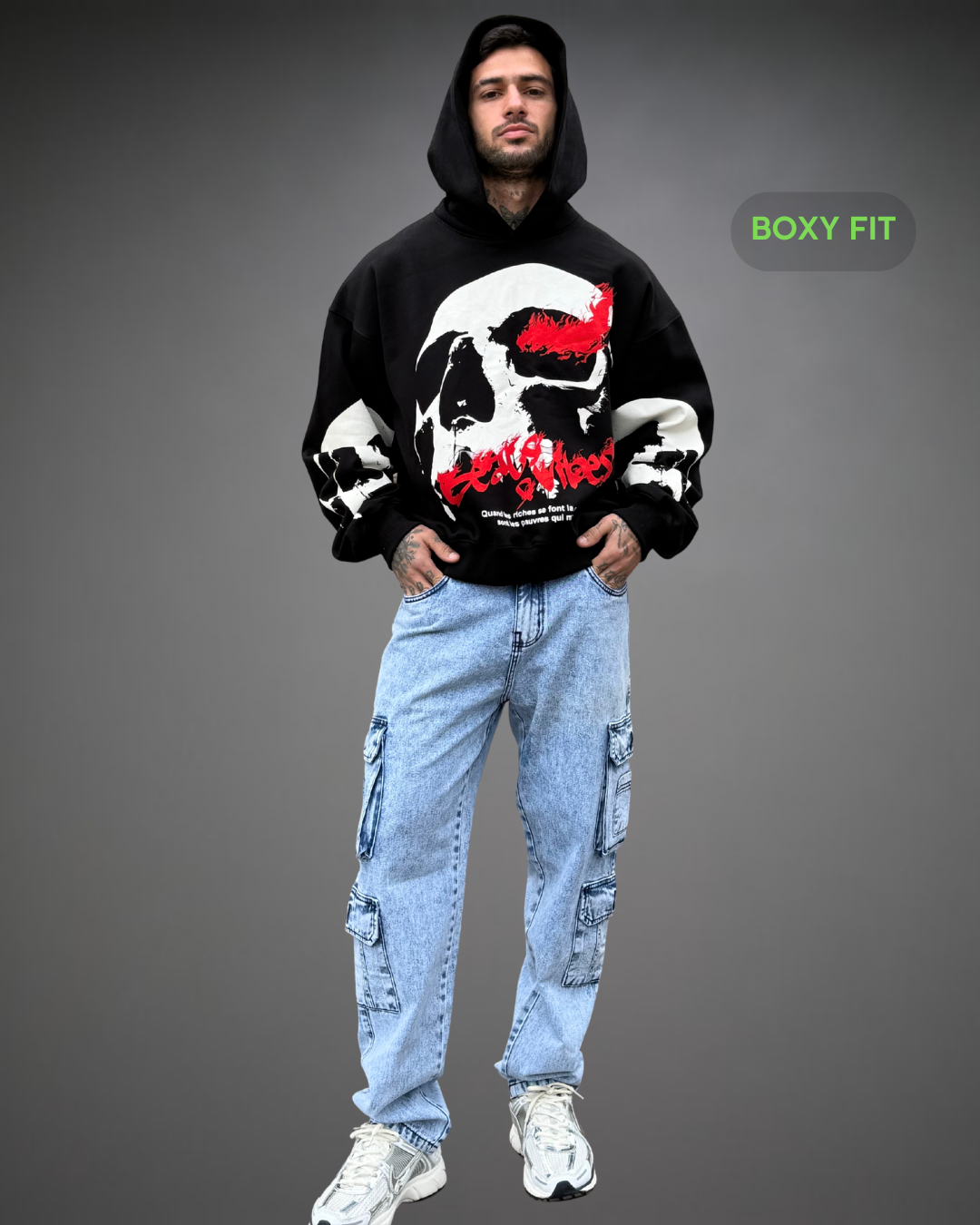 Hoodie Crop Boxy Over Skull Beats - Negro 2.0