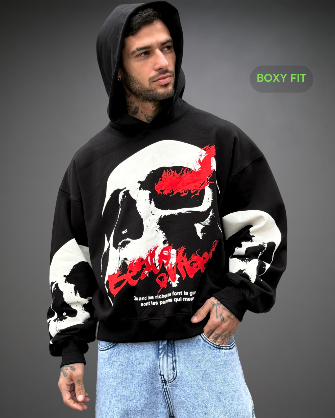 Hoodie Crop Boxy Over Skull Beats - Negro 2.0