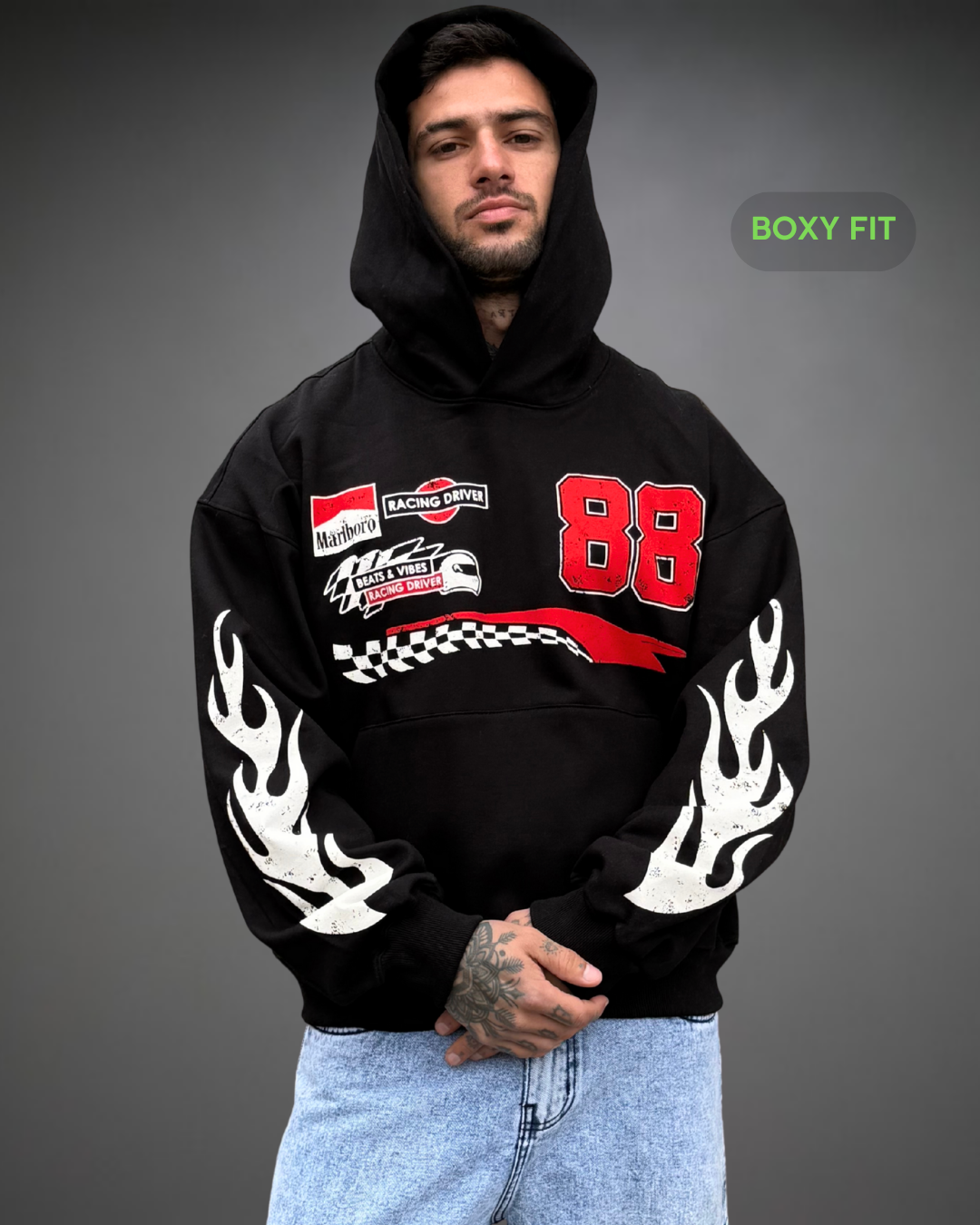 Hoodie Crop Boxy Over Marlboro 88 - Negro