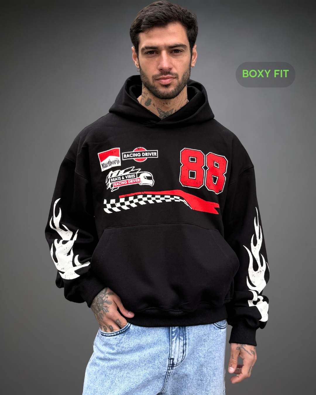 Hoodie Crop Boxy Over Marlboro 88 - Negro