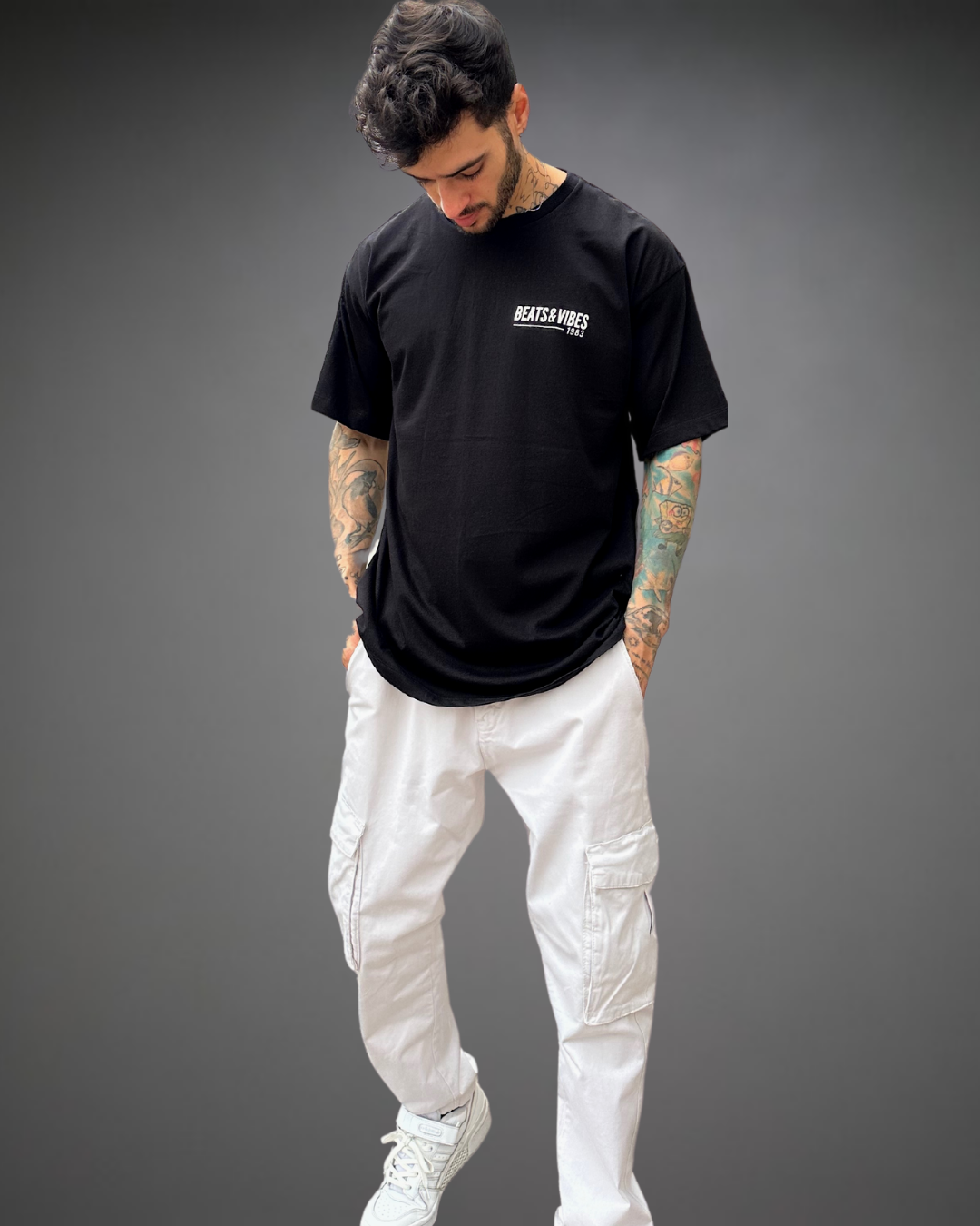 Polo Hombre Oversize Skulls Star - Negro