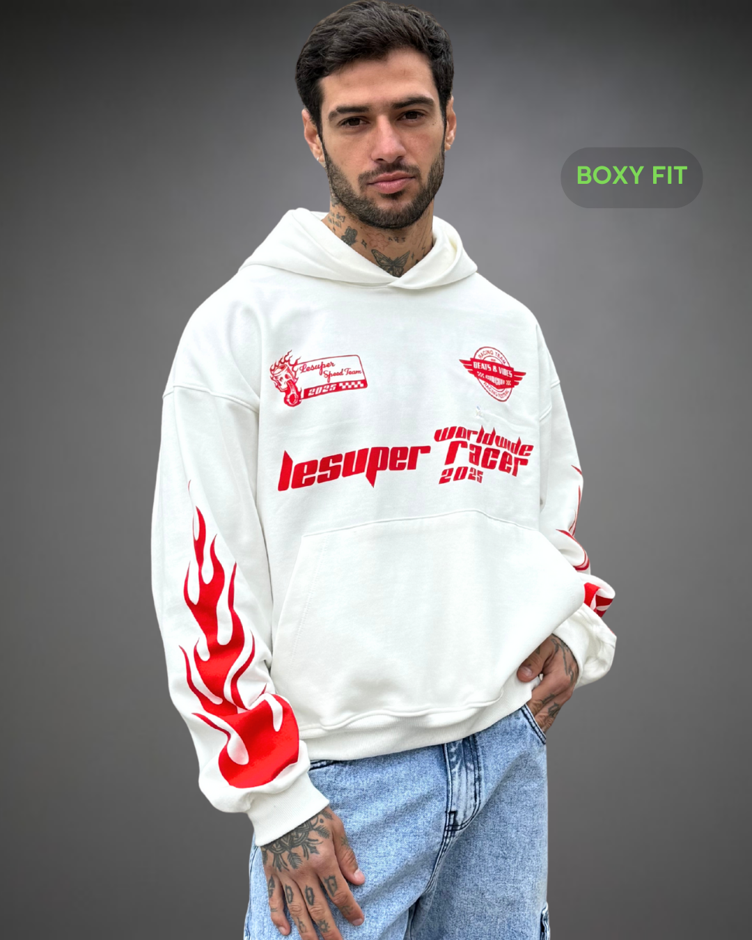 Hoodie Crop Boxy Over Racer Beats - Blanco