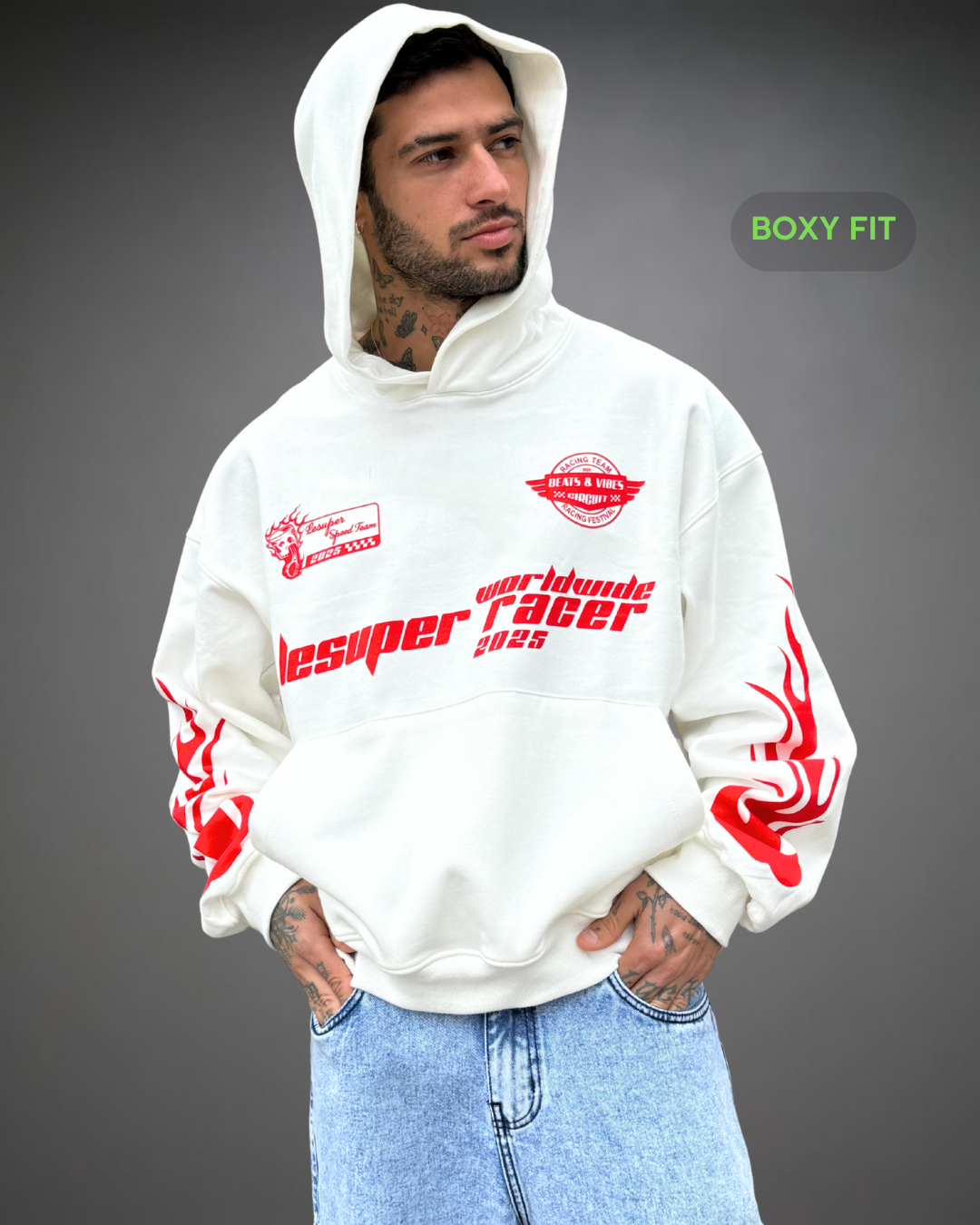 Hoodie Crop Boxy Over Racer Beats - Blanco