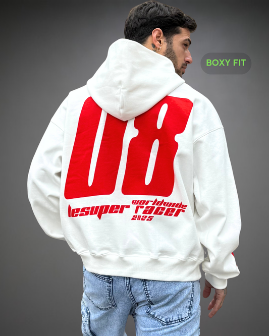 Hoodie Crop Boxy Over Racer Beats - Blanco