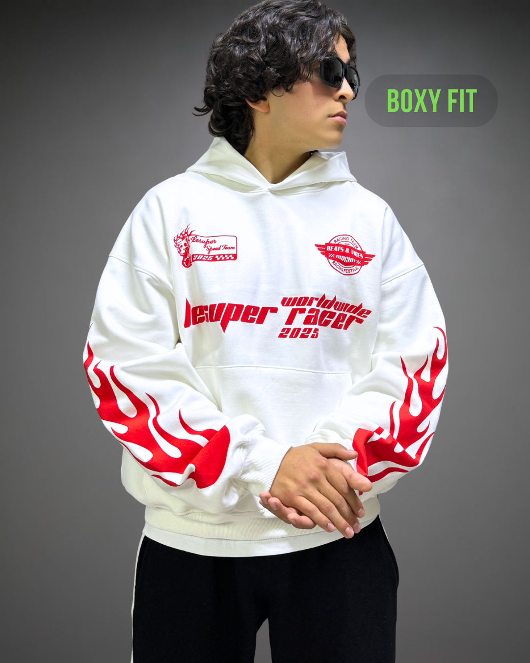 Hoodie Crop Oversize Racer Beats - Blanco 2.0