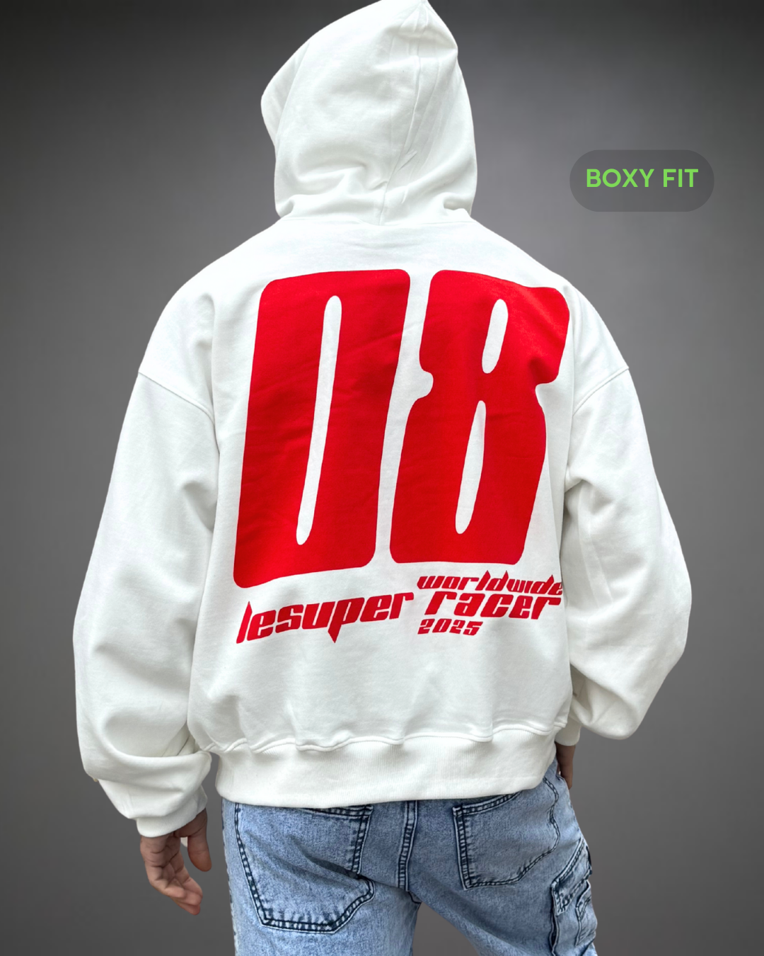 Hoodie Crop Boxy Over Racer Beats - Blanco
