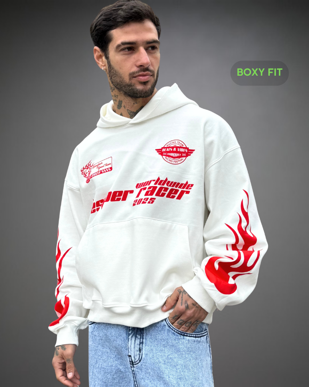 Hoodie Crop Boxy Over Racer Beats - Blanco