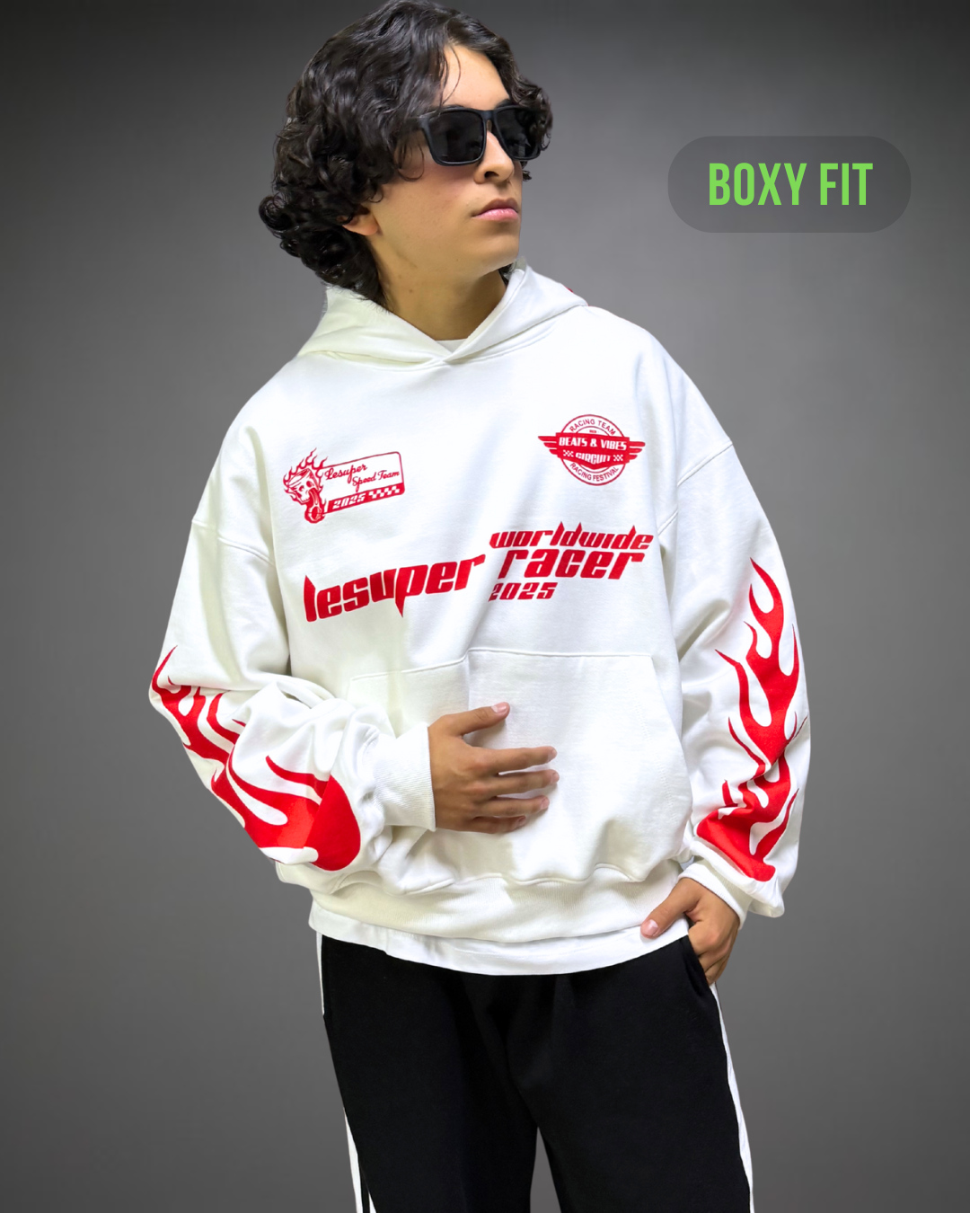 Hoodie Crop Oversize Racer Beats - Blanco 2.0