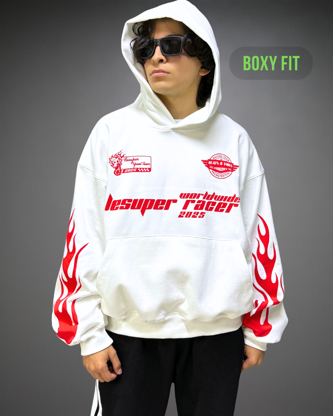 Hoodie Crop Oversize Racer Beats - Blanco 2.0