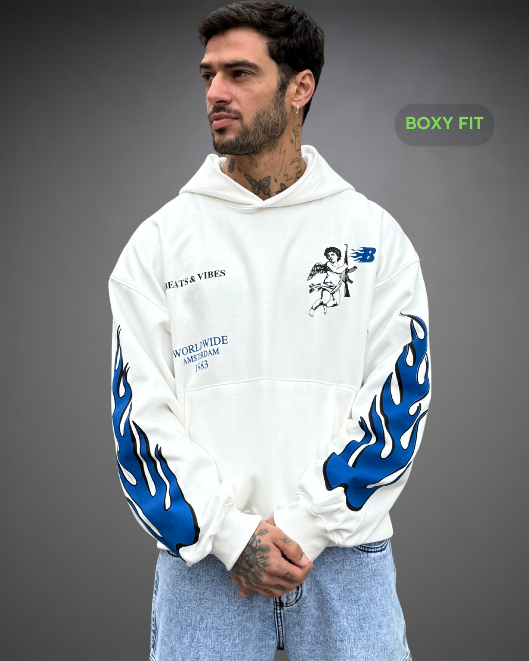 Hoodie Crop Boxy Over WorldWide Beats - Blanco