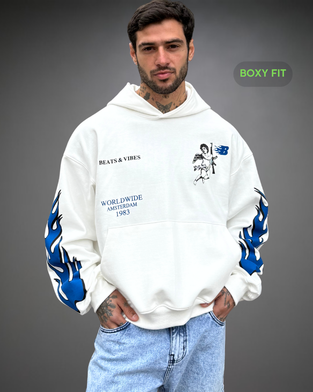 Hoodie Crop Boxy Over WorldWide Beats - Blanco