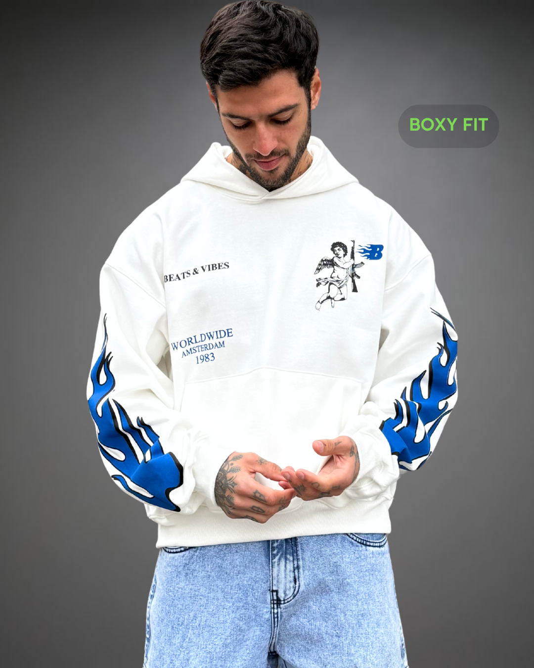 Hoodie Crop Boxy Over WorldWide Beats - Blanco