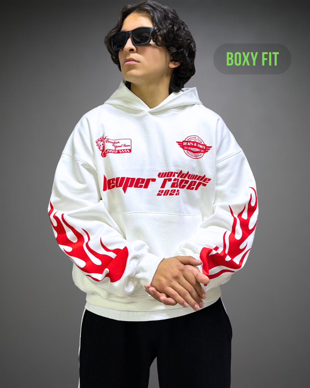 Hoodie Crop Oversize Racer Beats - Blanco 2.0