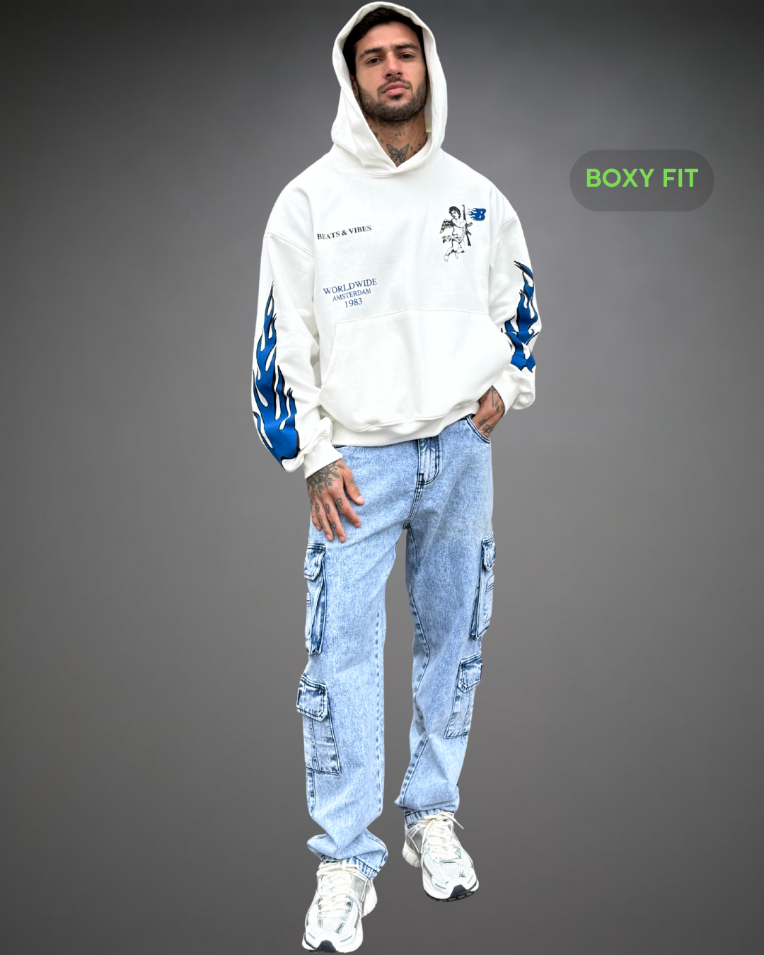 Hoodie Crop Boxy Over WorldWide Beats - Blanco