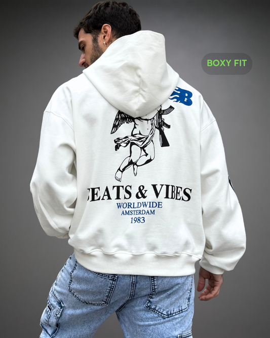 Hoodie Crop Boxy Over WorldWide Beats - Blanco