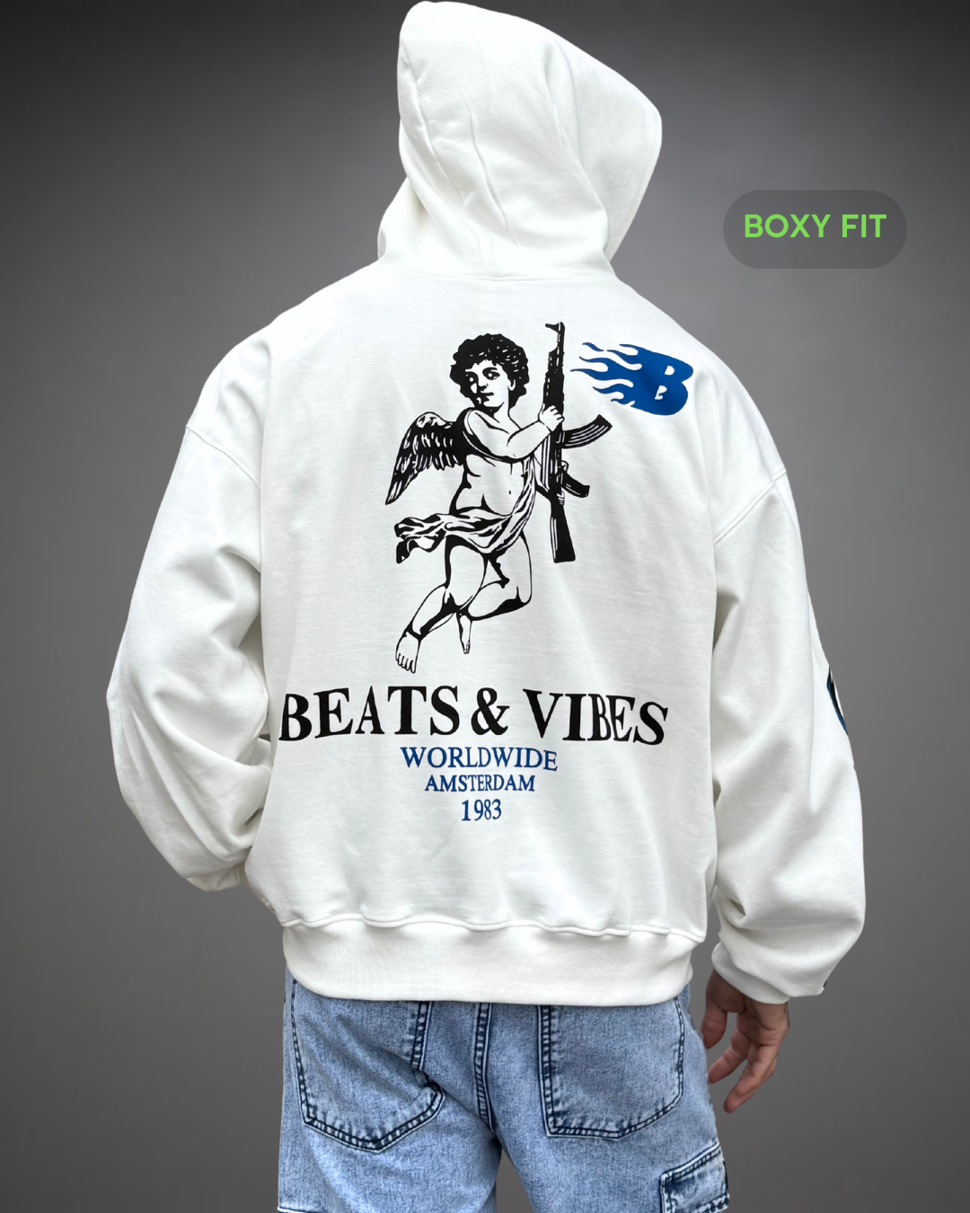 Hoodie Crop Boxy Over WorldWide Beats - Blanco