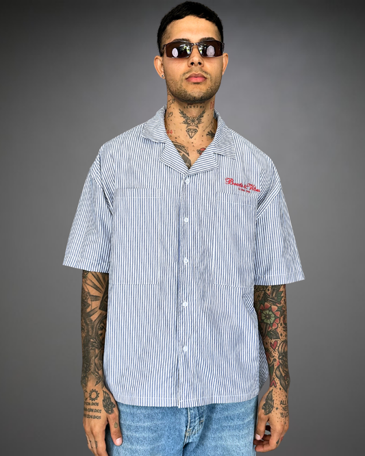 Camisa Hombre Bordado Oversize Beats & Vibes - Blanco/Azul Noche