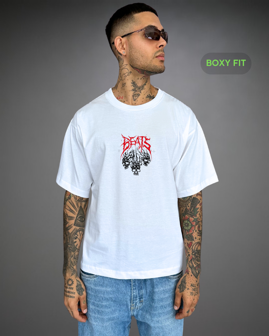 Polo Hombre Boxy Fit Three Skulls Beats - Blanco