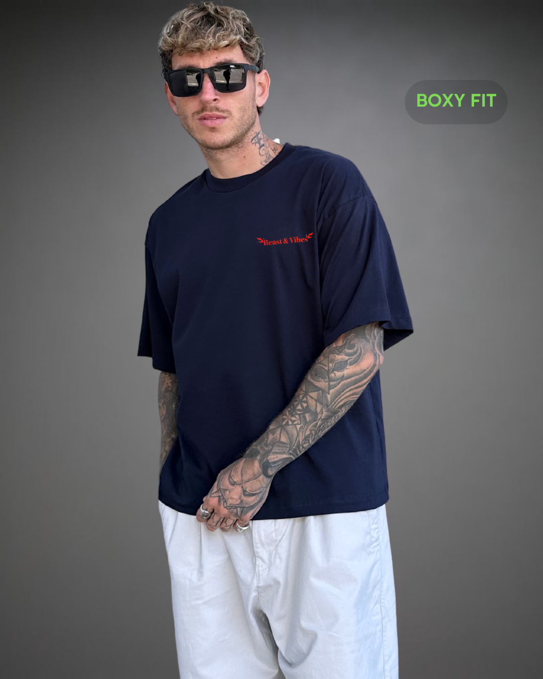 Polo Hombre Boxy Fit Skull on Fire - Azul Noche