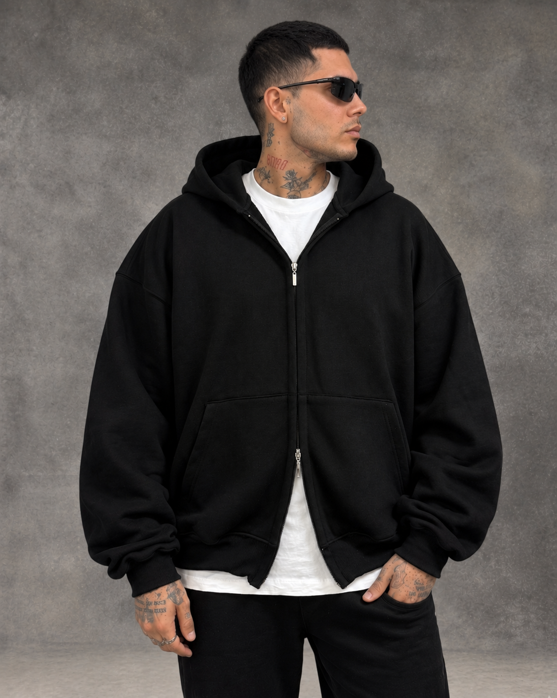 Hoodie Jacket Doble Cierre Oversize Hombre - Negro
