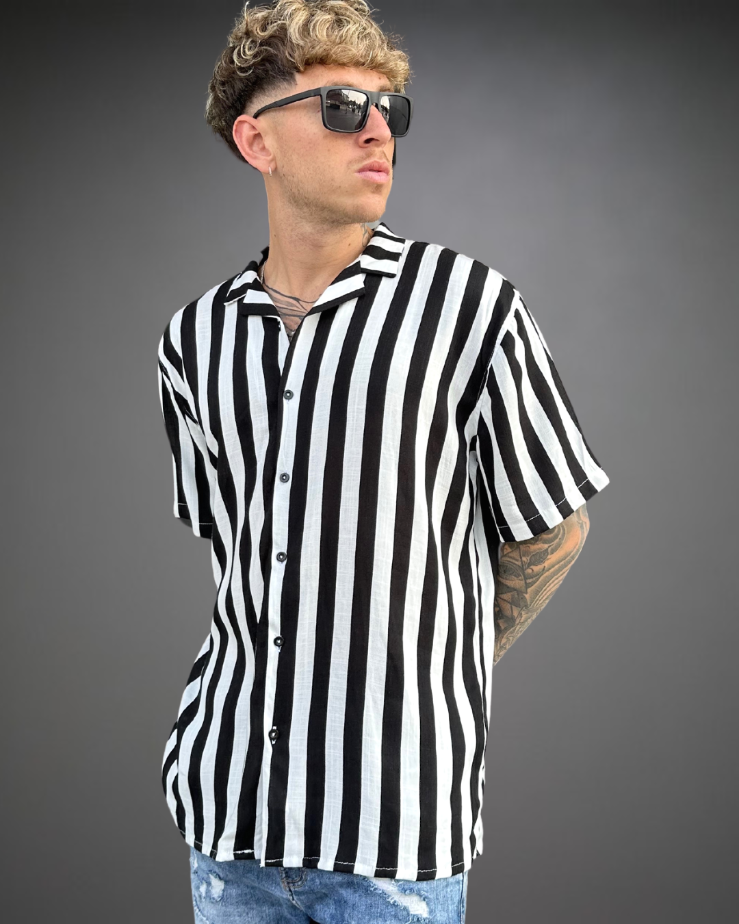 Camisa Hombre Relaxed Stripe - Negro