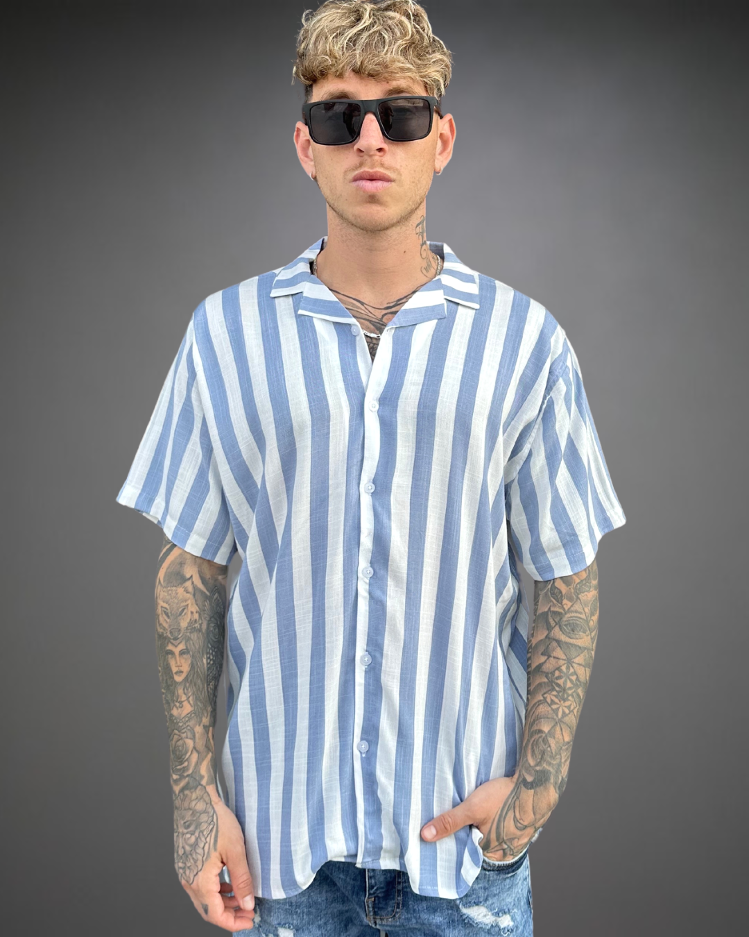 Camisa Hombre Relaxed Stripe - Blue Iron