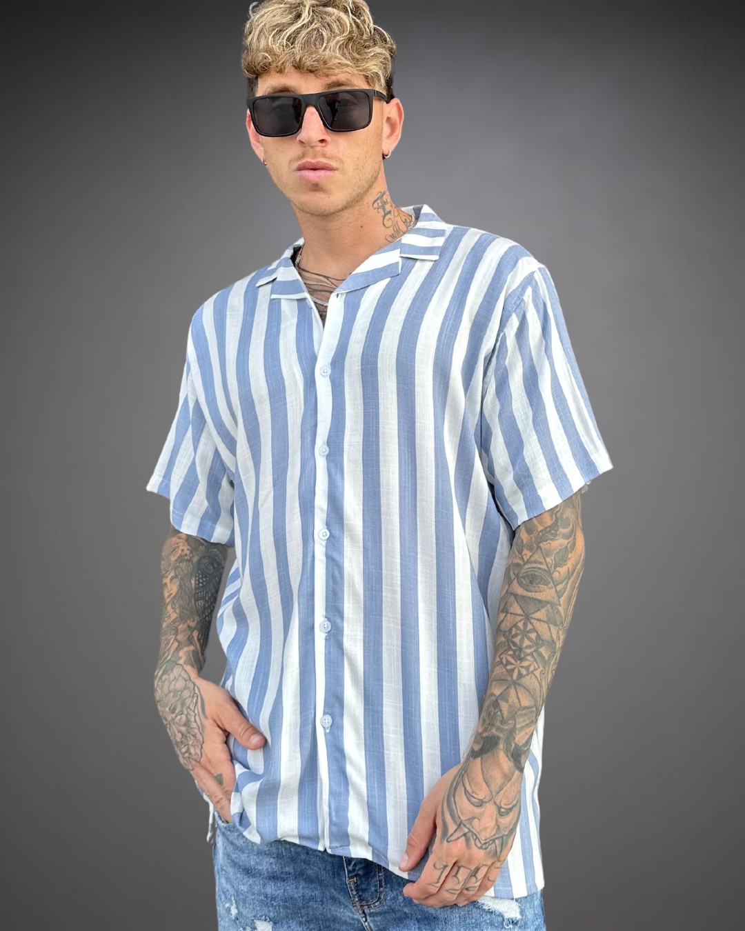 Camisa Hombre Relaxed Stripe - Blue Iron