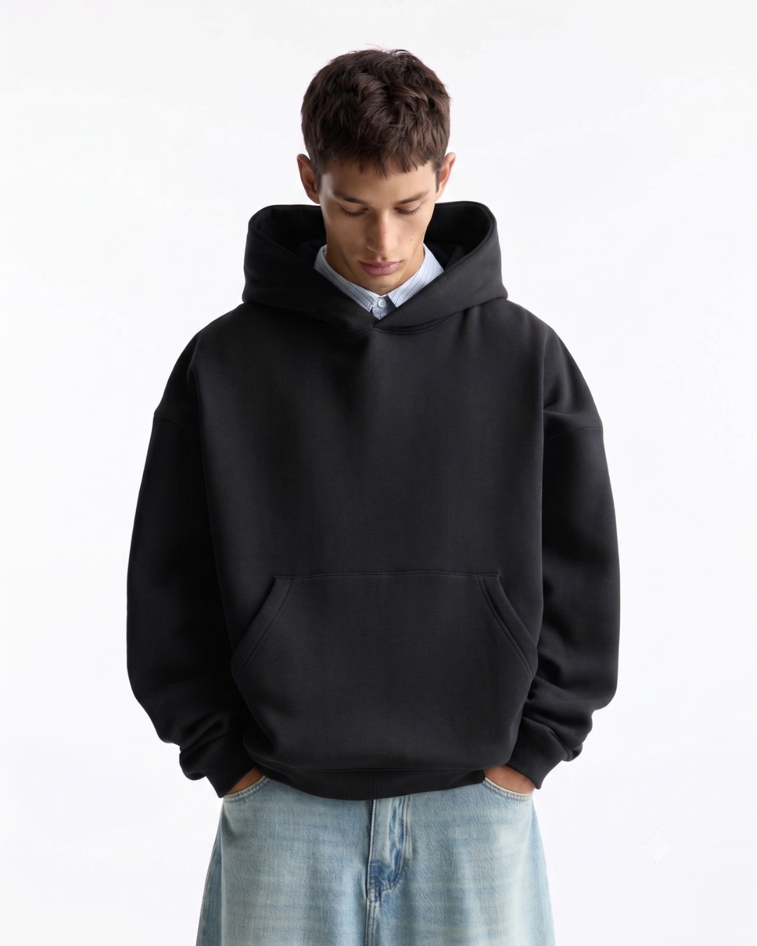Hoodie Oversize Hombre Sin Estampado - Negro