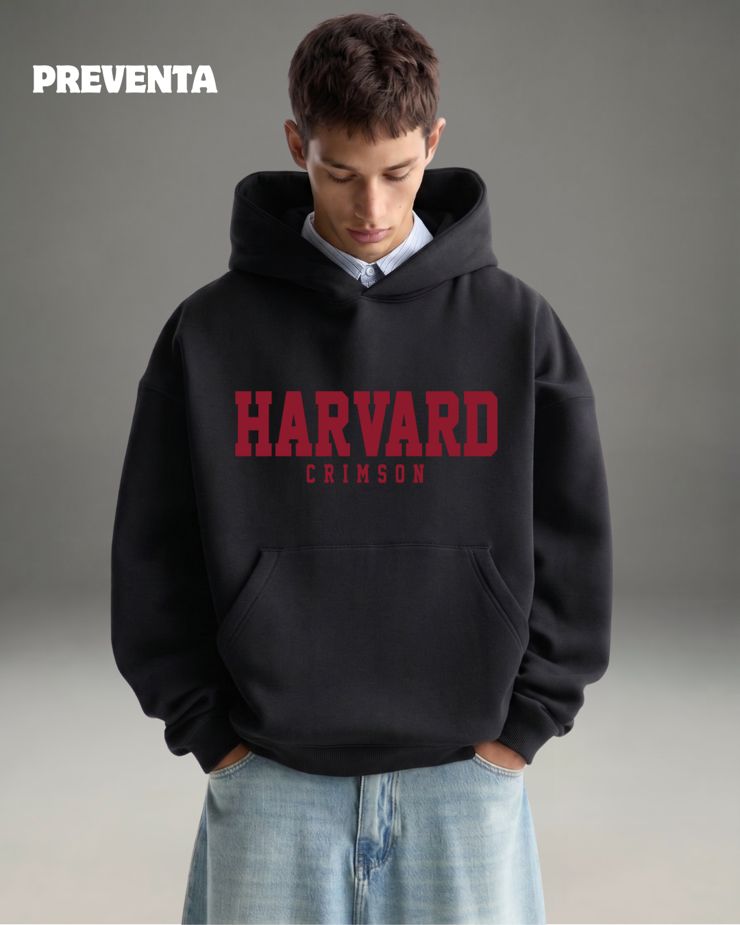 Hoodie Oversize Hombre Harvard - Negro